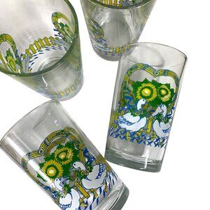 Vintage Morning Star Glasses Set of 4 12 oz Country Geese Floral Heart Blue